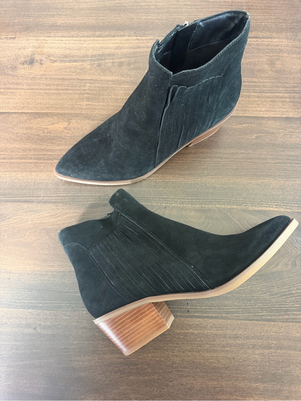Dolce Vita Black Suede Pointed Toe Ankle Booties with Stacked Heel